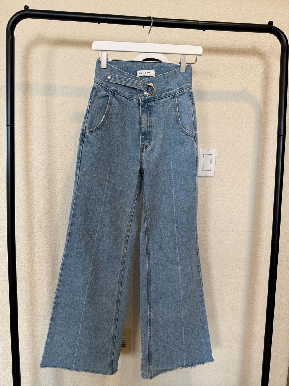 High-Rise Wide-Leg Blue Denim Jeans with O-Ring Waist Detail
